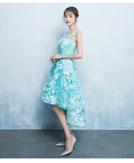 Mint Green Lace High Low Bridesmaid Dress, High Low Homecoming Dress, Short Prom Dress
