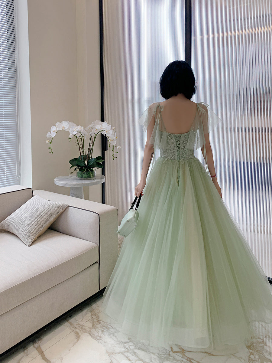 Beautiful Green Tulle Long Prom Dress with Lace, Green Evening Party Dresses