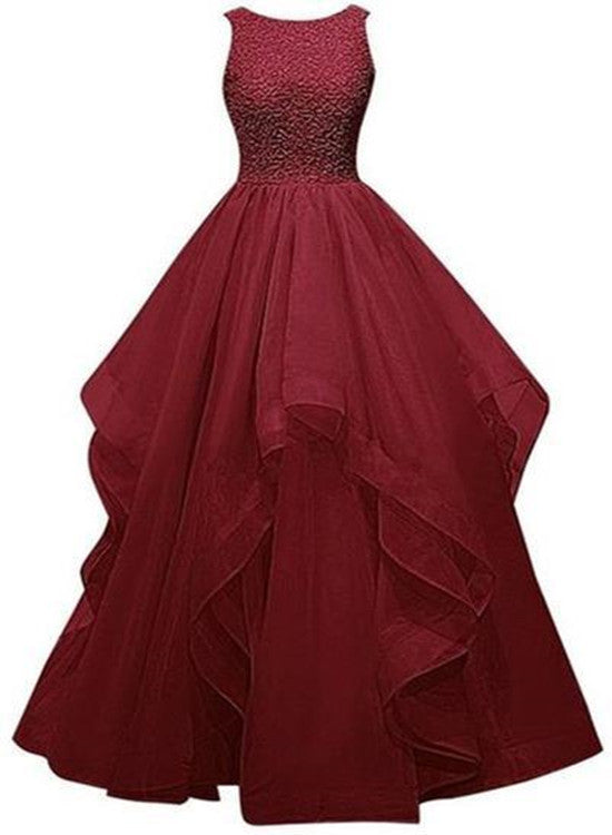Organza Long Burgundy Charming Prom Gowns, Prom Dresses, Party Gowns