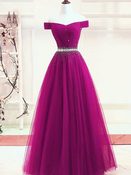 Beautiful Off Shoulder Beaded Tulle Long Party Dress, Junior Prom Dress 2021