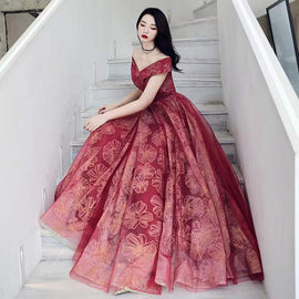 Off Shoulder Sweetheart Wine Red Tulle with Lace Party Dress, Dark Red Long Prom Dress