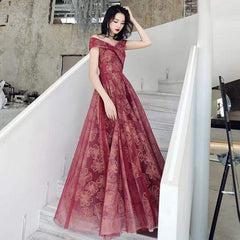 Off Shoulder Sweetheart Wine Red Tulle with Lace Party Dress, Dark Red Long Prom Dress