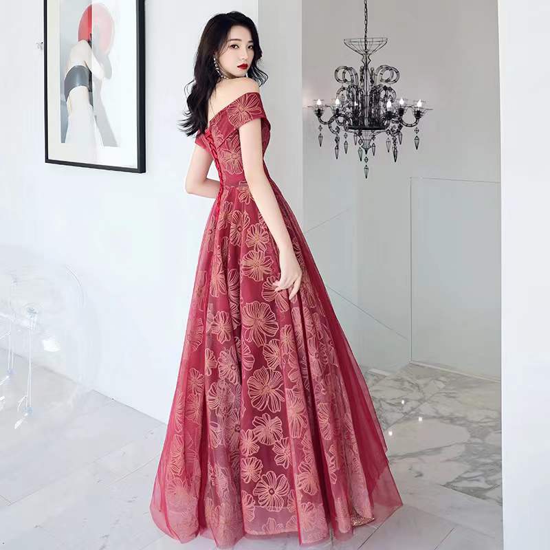 Off Shoulder Sweetheart Wine Red Tulle with Lace Party Dress, Dark Red Long Prom Dress