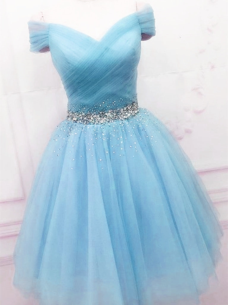 Light Blue Short Tulle Prom Dresses, Short Off the Shoulder Blue Forma Cutedressy Light Blue Short Tulle Prom Dresses, Short Off the Shoulder Blue Forma Cutedressy