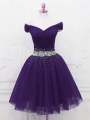 Purple Tulle Beaded Cute Off Shoulder Short Prom Dress, Purple Homecoming Dress Party Dress