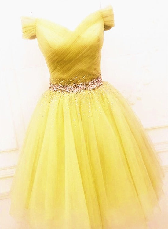 Lovely Light Yellow Short Tulle Off Shoulder Homecoming Dress, Yellow Prom Dress Party Dress