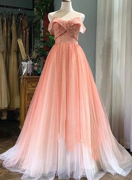 Beautiful Pink Tulle Gradient Beaded Off Shoulder Party Dress, Pink Prom Gown