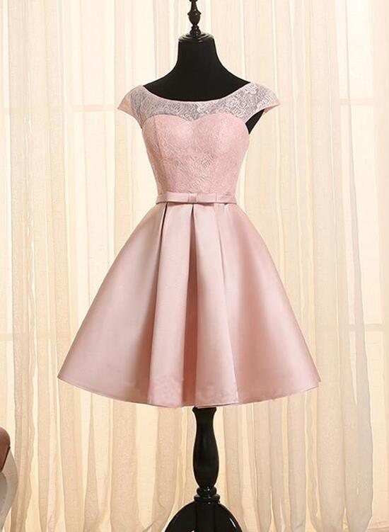 Pink Homecoming Dresses, Satin and Lace Lovely Dress with Belt, Cute Party Dresses