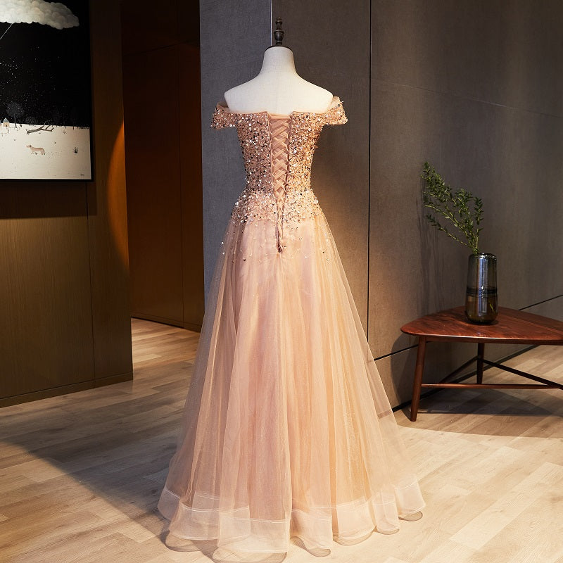 Elegant Off-The-Shoulder Sweetheart Sequins Long Evening Dress - Champagne