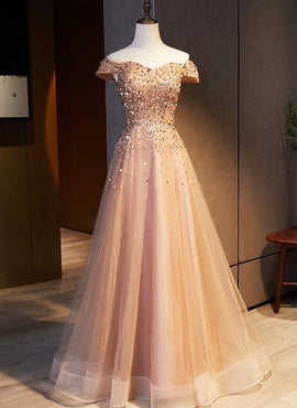 Pearl Pink Sequins and Beadings Off Shoulder Sweetheart Party Dress, Pink Long Prom Dress Formal Dress