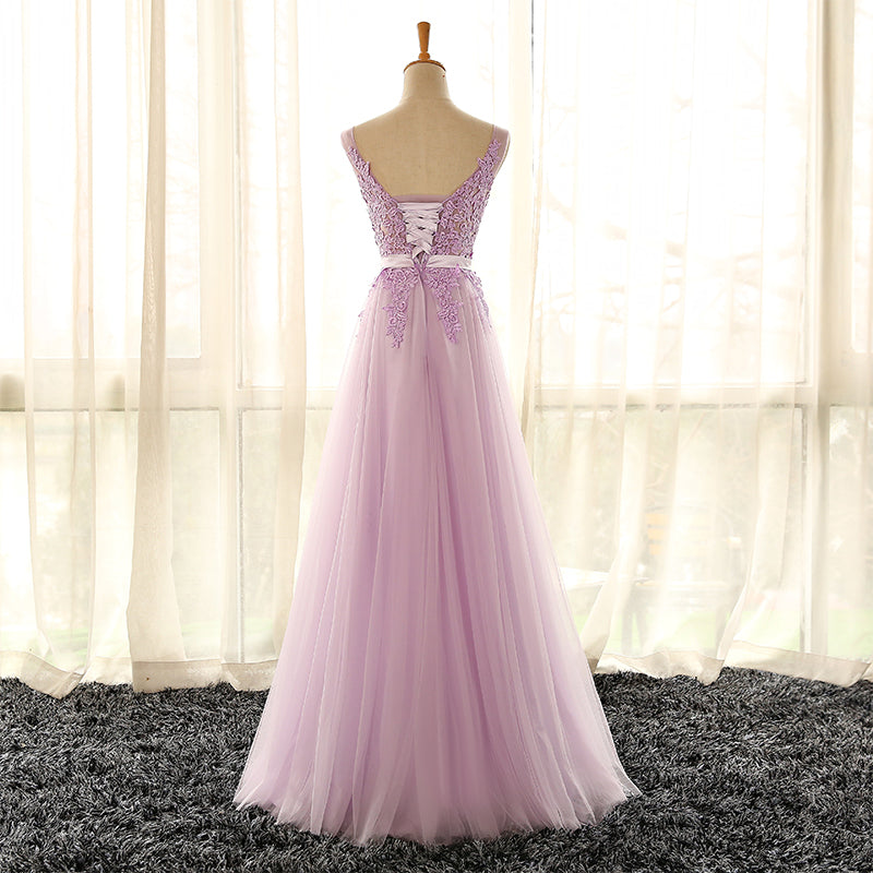 Lovely Tulle Lilac V-neckline Party Dress, Long Evening Gown