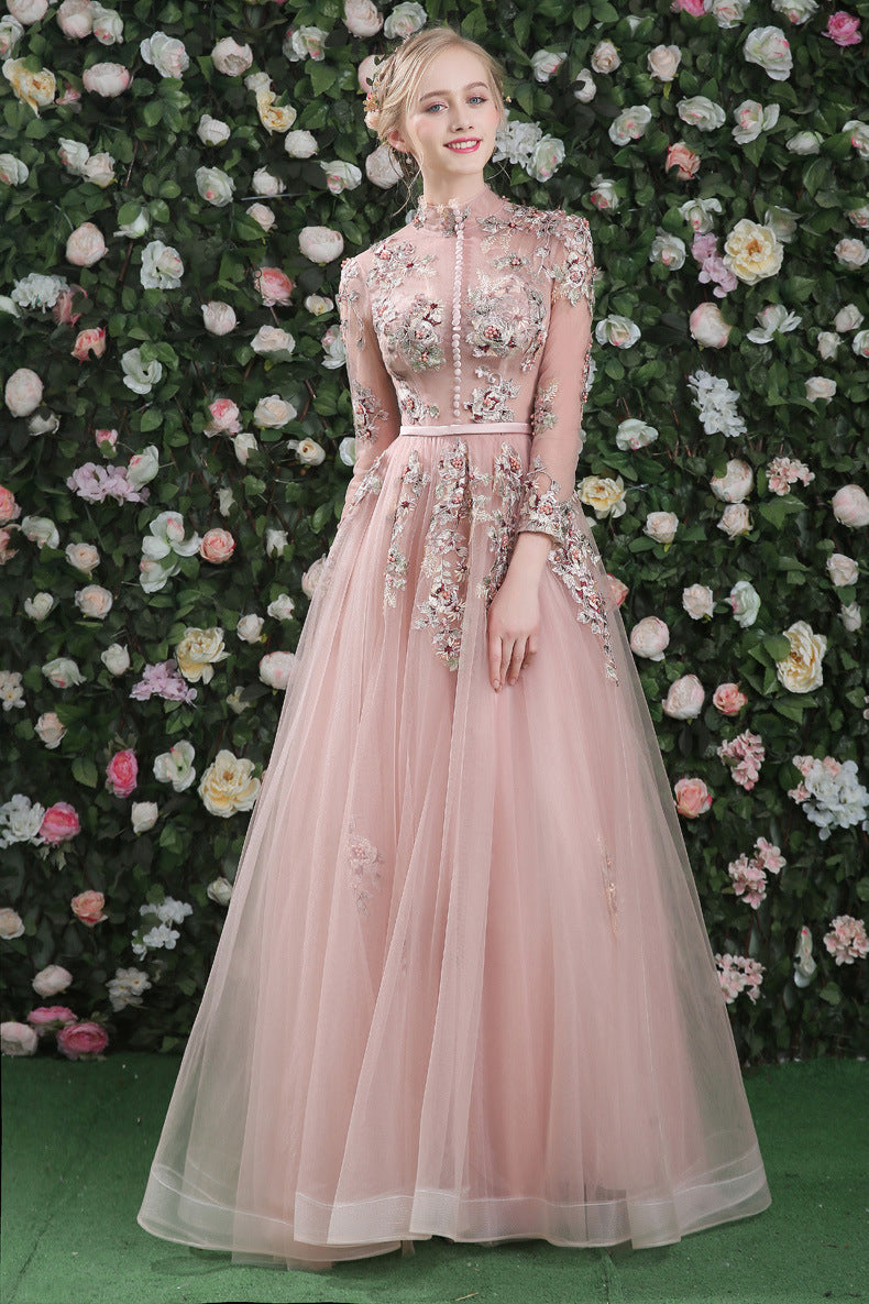 Pink Floral Lace Long Sleeves Tulle A-line Prom Dress, Pink Bridesmaid Cutedressy Pink Floral Lace Long Sleeves Tulle A-line Prom Dress, Pink Bridesmaid Cutedressy