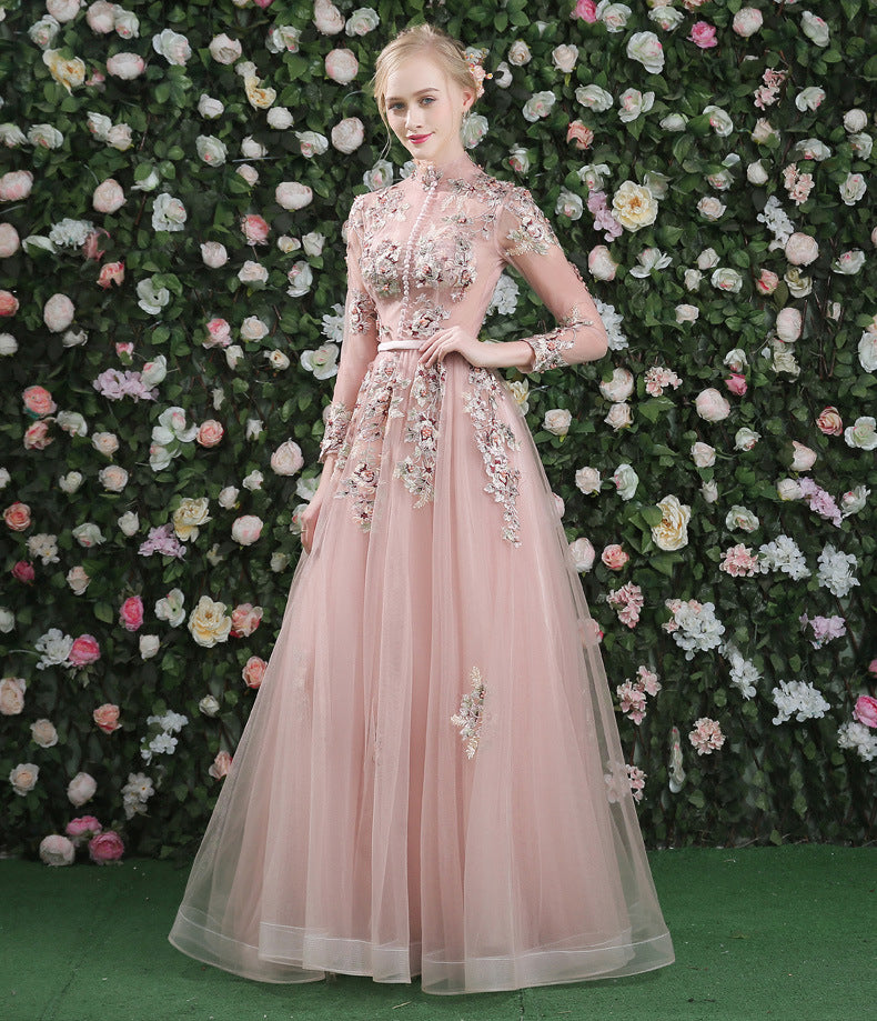 Pink Floral Lace Long Sleeves Tulle A-line Prom Dress, Pink Bridesmaid Cutedressy Pink Floral Lace Long Sleeves Tulle A-line Prom Dress, Pink Bridesmaid Cutedressy