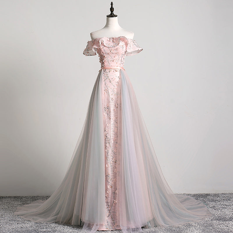 Pink Floral Lace Off Shoulder Long Party Dress with Tulle Train, Charming Pink Evening Dress