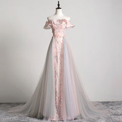 Pink Floral Lace Off Shoulder Long Party Dress with Tulle Train, Charming Pink Evening Dress