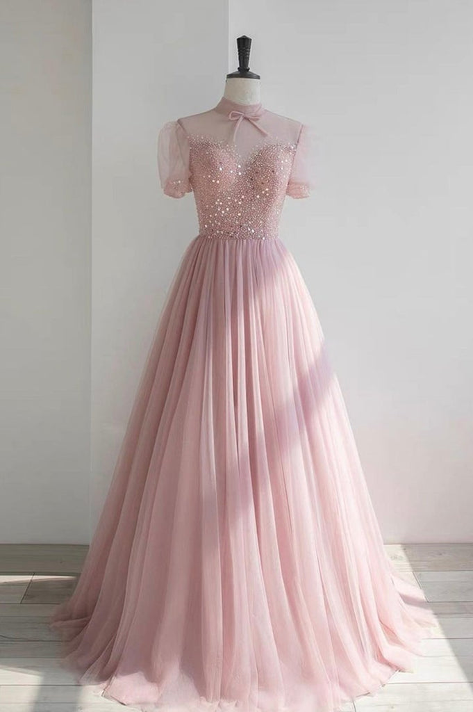 Pink Tulle Short Sleeves Beaded Knee Length Party Dress, Pink Tulle Homecoming Dress