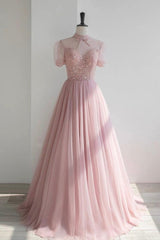 Pink High Neckline Beaded Tulle Short Sleeves Party Dress, Lovely Pink Formal Dresses
