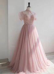 Pink High Neckline Beaded Tulle Short Sleeves Party Dress, Lovely Pink Formal Dresses
