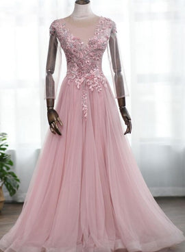 Pink Lace Floral Tulle Long Sleeves A-line Evening Dress, Pink Prom Dress Party Dress