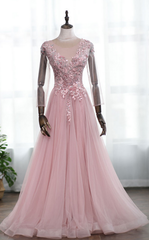 Pink Lace Floral Tulle Long Sleeves A-line Evening Dress, Pink Prom Dress Party Dress