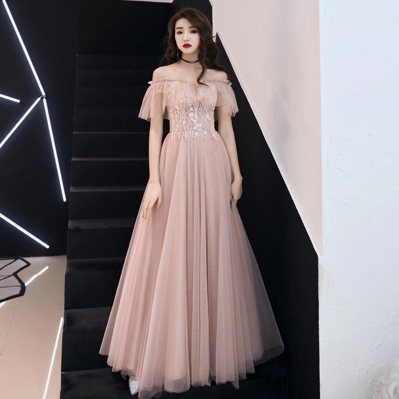 Pink Lace Off Shoulder Tulle A-line Floor Length Party Dress, Pink Formal Dresses 