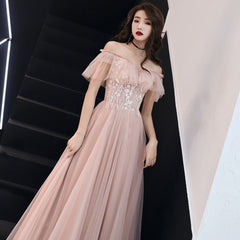 Pink Lace Off Shoulder Tulle A-line Floor Length Party Dress, Pink Formal Dresses 