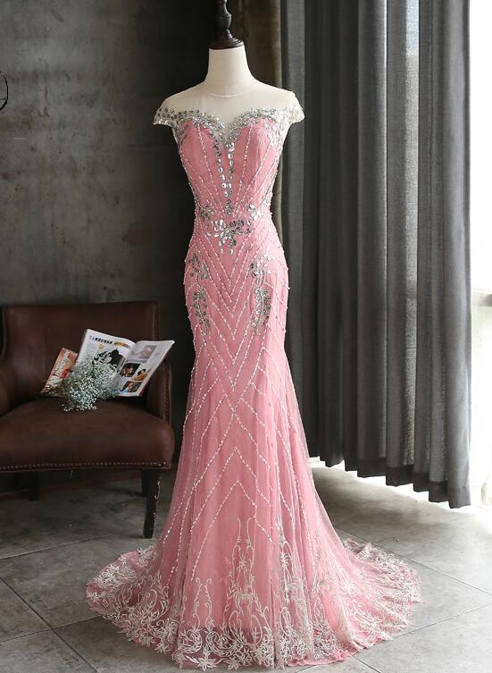 Pink Lace Mermaid Sequins with Lace Applique Party Dress, Pink Long Prom Dress Party Dress