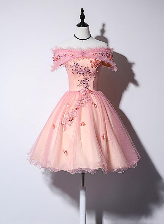 Pink Off Shoulder Lovely Tulle Lace Applique Party Dress, Pink Homecoming Dress Prom Dress
