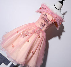 Pink Off Shoulder Lovely Tulle Lace Applique Party Dress, Pink Homecoming Dress Prom Dress