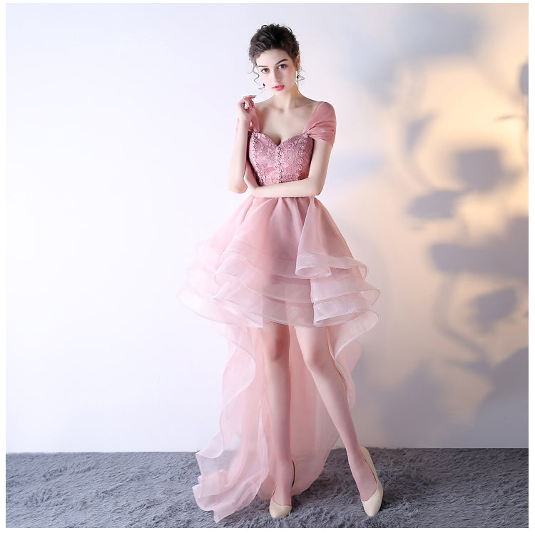 Pink Organza Off Shoulder Layers High Low Lace Party Dress, Pink Homecoming Dress