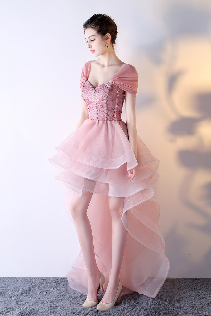 Pink Organza Off Shoulder Layers High Low Lace Party Dress, Pink Homecoming Dress