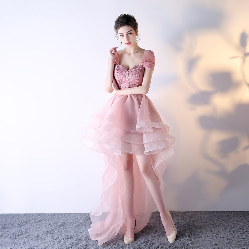 Pink Organza Off Shoulder Layers High Low Lace Party Dress, Pink Homec Cutedressy Pink Organza Off Shoulder Layers High Low Lace Party Dress, Pink Homec Cutedressy
