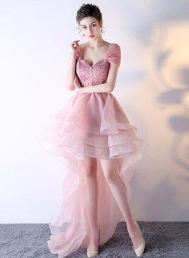 Pink Organza Off Shoulder Layers High Low Lace Party Dress, Pink Homecoming Dress