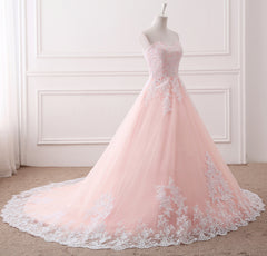 Pink Puffy Ball Gown Princess Sweetheart Tulle Formal Dress with White Lace, Pink Sweet 16 Gown 