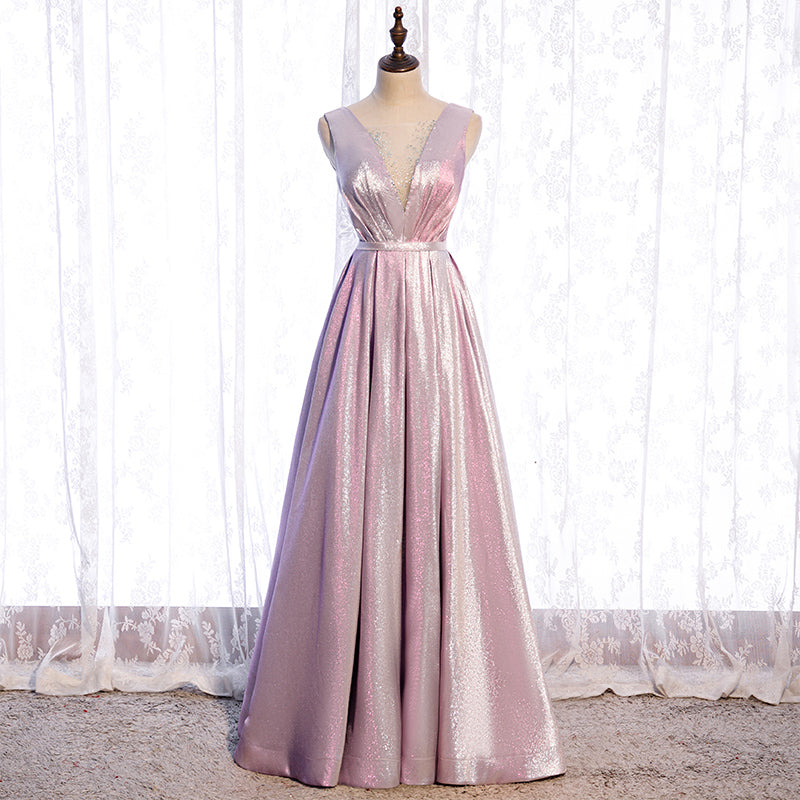 Pink Satin V-neckline Shiny A-line Party Dress Prom Dress, Pink Long Formal Dress Bridesmaid Dress