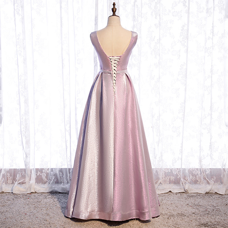 Pink Satin V-neckline Shiny A-line Party Dress Prom Dress, Pink Long Formal Dress Bridesmaid Dress