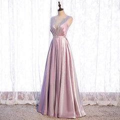 Pink Satin V-neckline Shiny A-line Party Dress Prom Dress, Pink Long Formal Dress Bridesmaid Dress