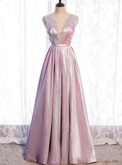 Pink Satin V-neckline Shiny A-line Party Dress Prom Dress, Pink Long Formal Dress Bridesmaid Dress