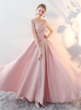 Pink Satin with Lace Top Beaded A-line Prom Dress, Pink Stain New Evening Dresses