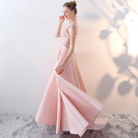 Pink Satin with Lace Top Beaded A-line Prom Dress, Pink Stain New Evening Dresses