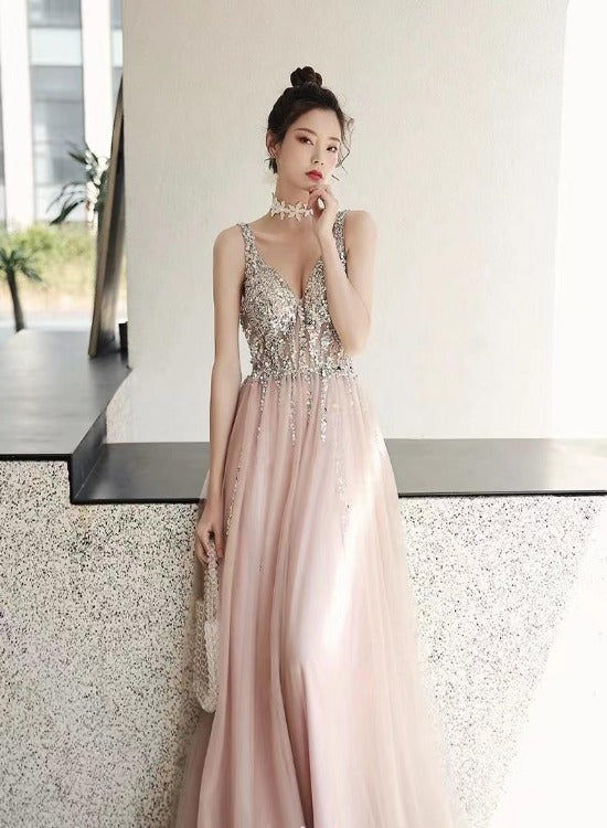 Pink Sequins V Back Beaded and Sequins A-line Tulle Party Dress, Pink Prom Dress Evening Dress