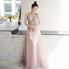 Pink Sequins V Back Beaded and Sequins A-line Tulle Party Dress, Pink Prom Dress Evening Dress