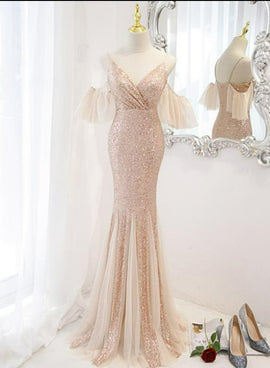 Pink Sequins and Tulle Mermaid Long Party Dress Prom Dress, Off Shoulder Formal Dresses