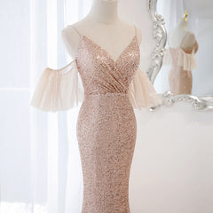 Pink Sequins and Tulle Mermaid Long Party Dress Prom Dress, Off Shoulder Formal Dresses