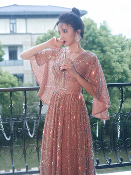 Pink Shiny Sequins A-line Floor Length Bridesmaid Dress, Pink Formal Dress Party Dresses