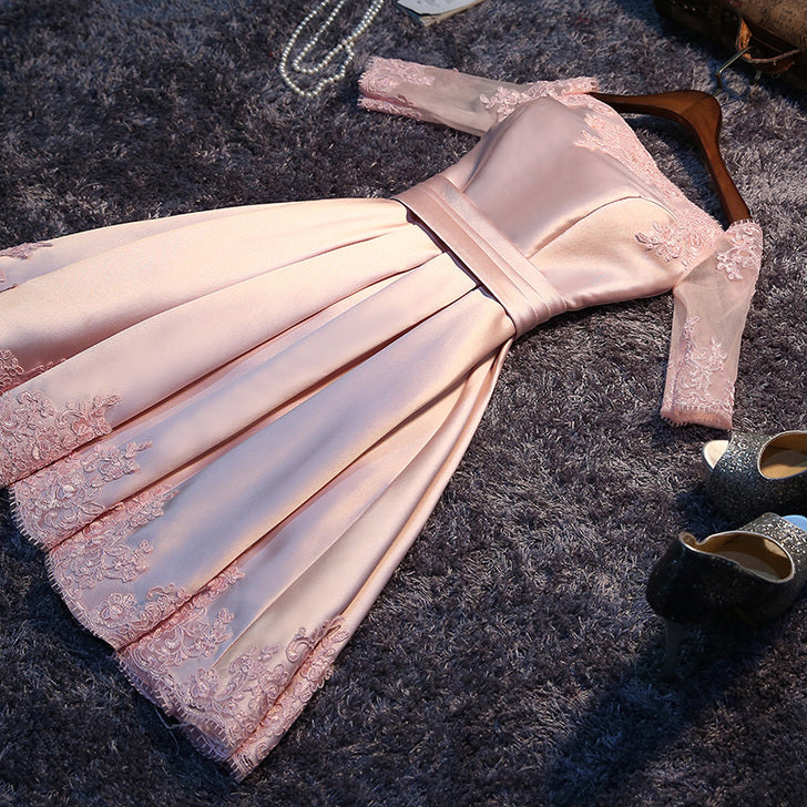 Pink Short Satin with Lace Round Neckline Wedding Party Dresses, Pink – Cutedressy Pink Short Satin with Lace Round Neckline Wedding Party Dresses, Pink – Cutedressy