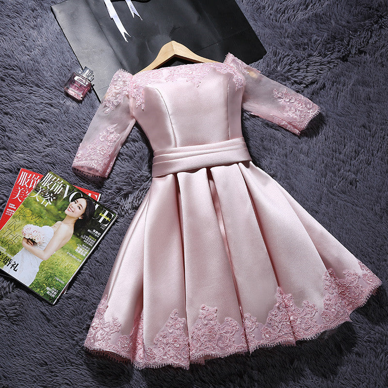 Pink Short Satin with Lace Round Neckline Wedding Party Dresses, Pink Cutedressy Pink Short Satin with Lace Round Neckline Wedding Party Dresses, Pink Cutedressy