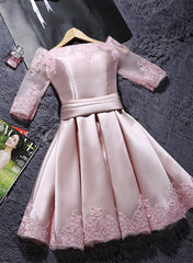 Pink Short Satin with Lace Round Neckline Wedding Party Dresses, Pink Cute Homecoming Dress