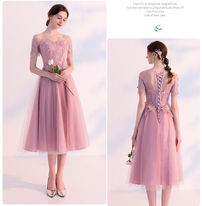 Pink Short Tulle with Lace Off Shoulder Wedding Party Dresses, Pink Short Formal Dress