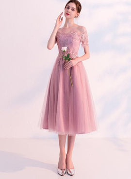 Pink Short Tulle with Lace Off Shoulder Wedding Party Dresses, Pink Short Formal Dress